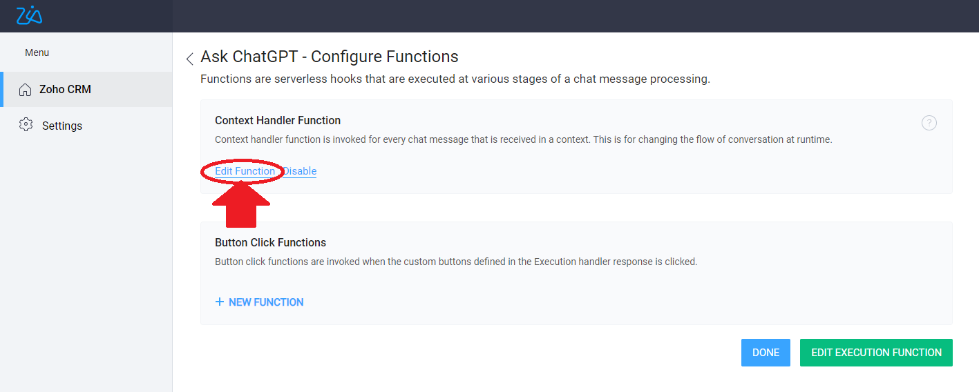 ZohoCRM: Integrate ChatGPT to ZohoZIA: Edit Execution Function