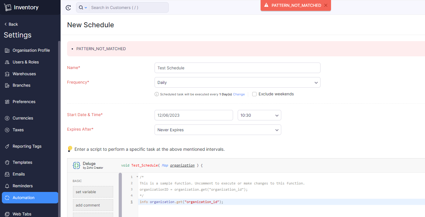 Zoho Finance Suite Schedule: PATTERN NOT MATCHED: Error