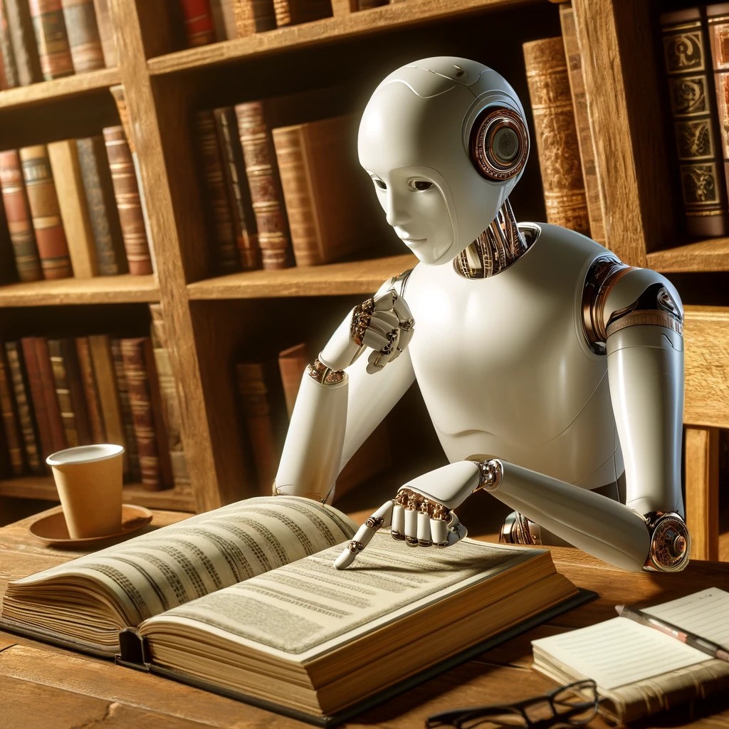 Humanoid robot looking up some details from a book