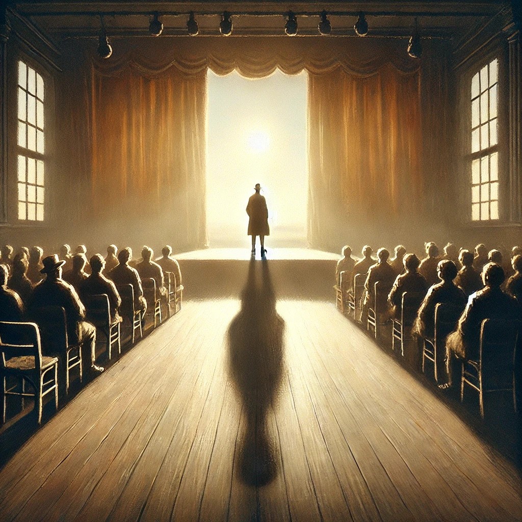 An evocative scene inspired by 'Room with a View' by E.M. Forster, depicting a person standing on a stage, facing the sunlight.