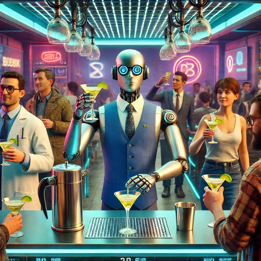 A lively futuristic bar scene featuring a robot bartender serving three distinct customers