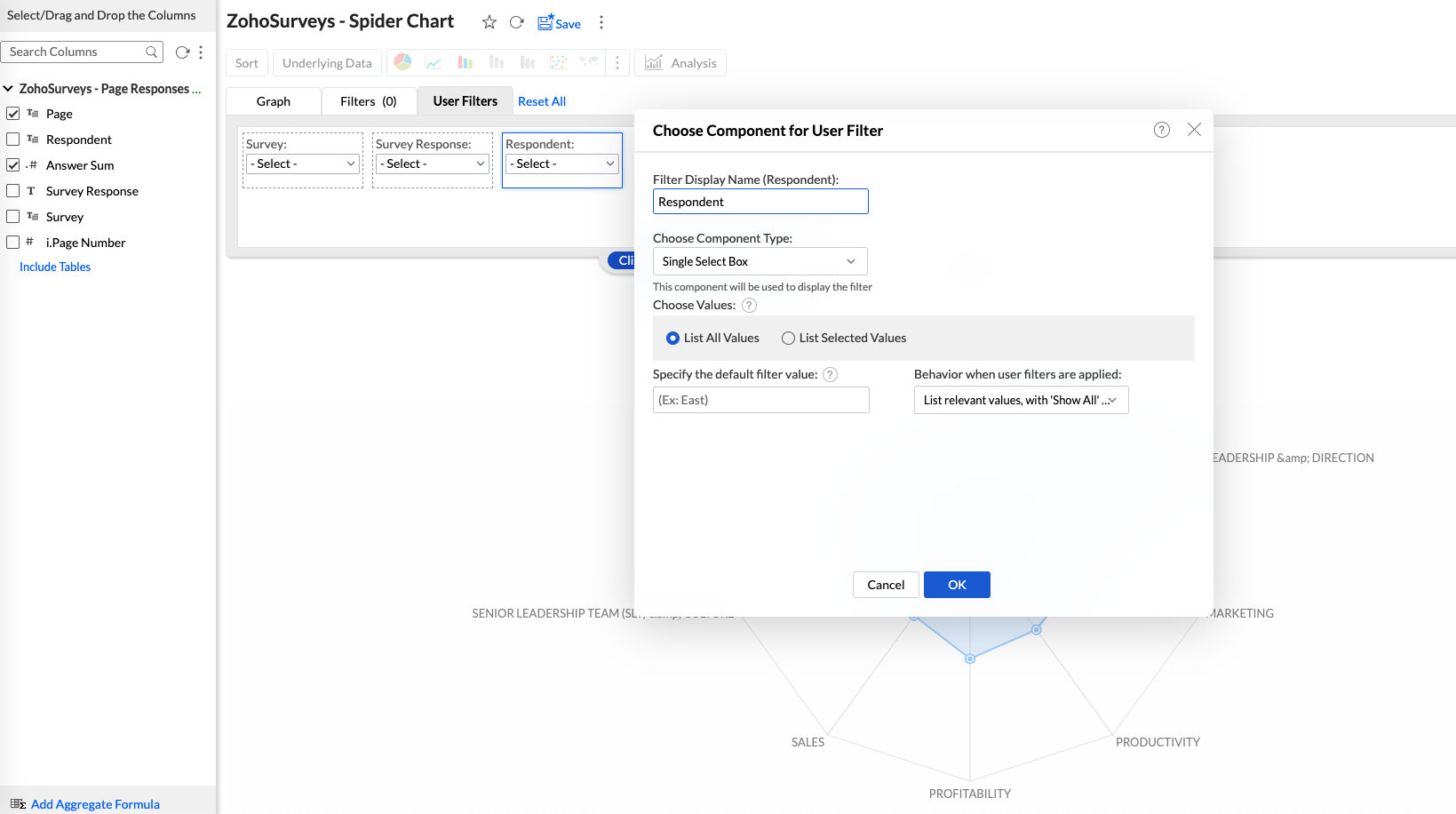 Zoho Survey & Zoho Analytics: Query to generate individual responses and grouped pages - User Filters