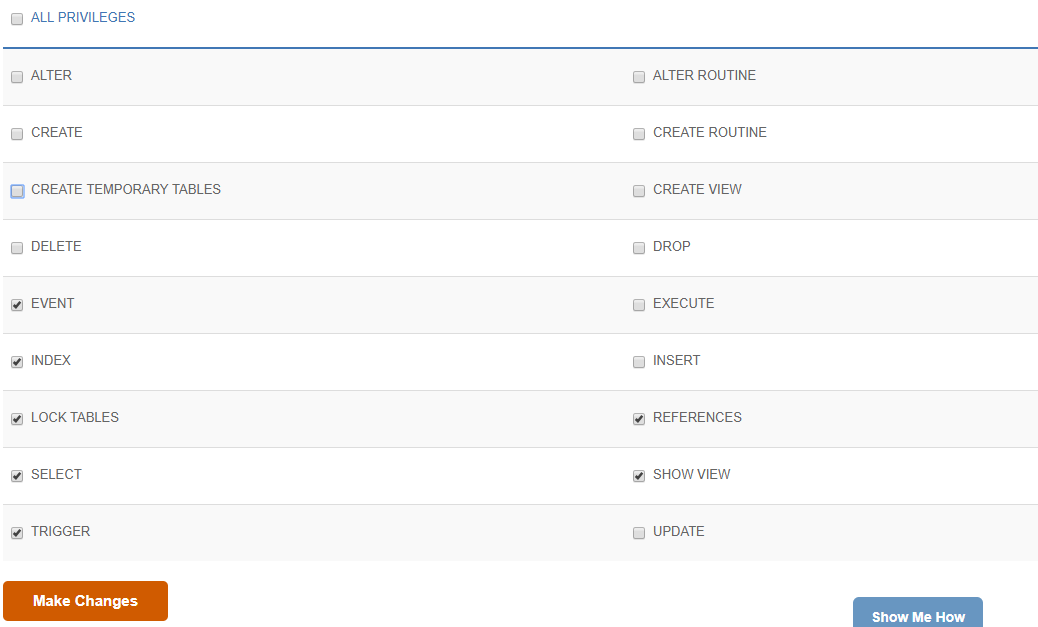 Screenshot of cPanel Minimal Privileges for Database Backup User