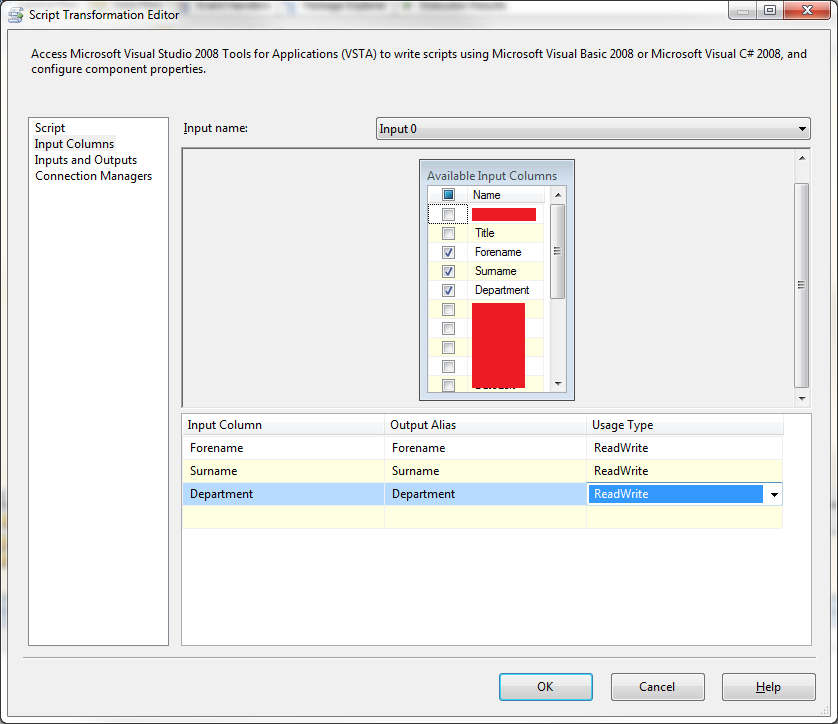 Script Transformation Editor: Input Columns