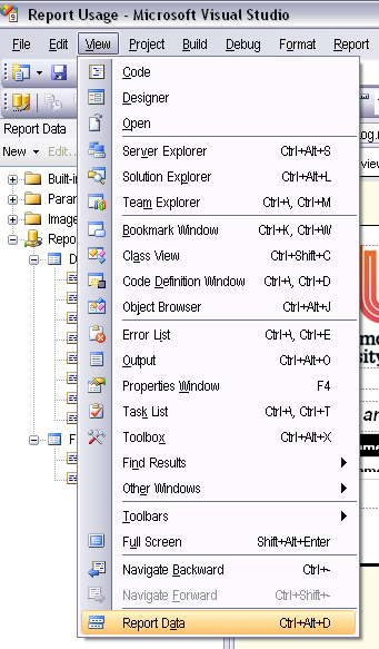 Report Data at the bottom of the View menu when a report is loaded in the editor