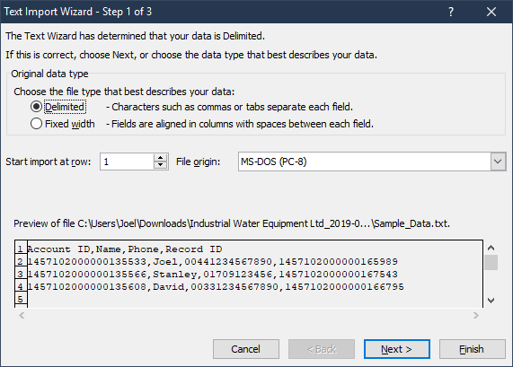 Excel Import Data Step 1 of 3