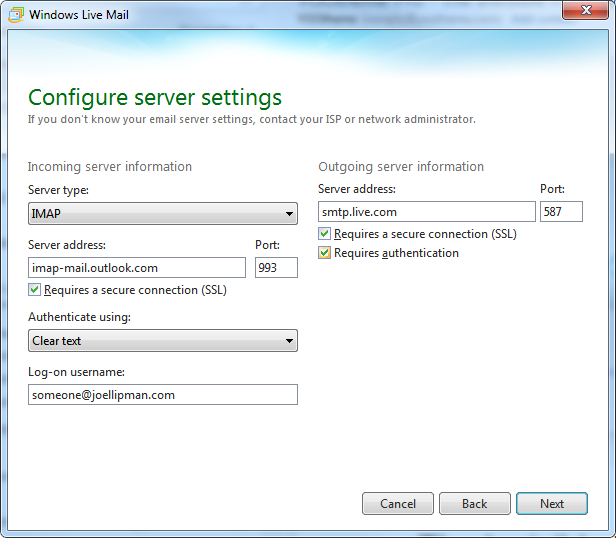 Windows Live Mail - Configure server settings Windows Live Mail - Configure server settings