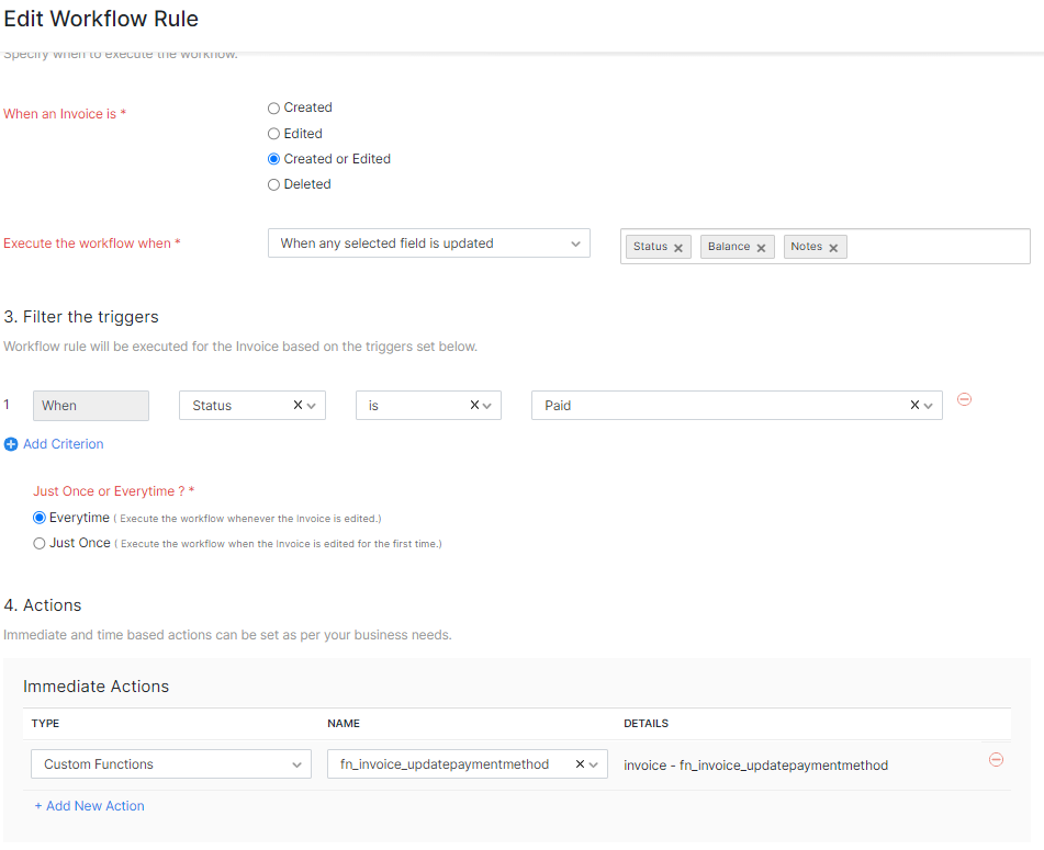 Zoho Books - Trigger Workflow When An Invoice Is Paid - Filter Triggers