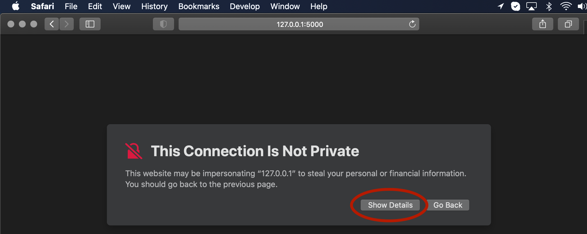 Open Safari https://127.0.0.1:5000 and click on Show Details