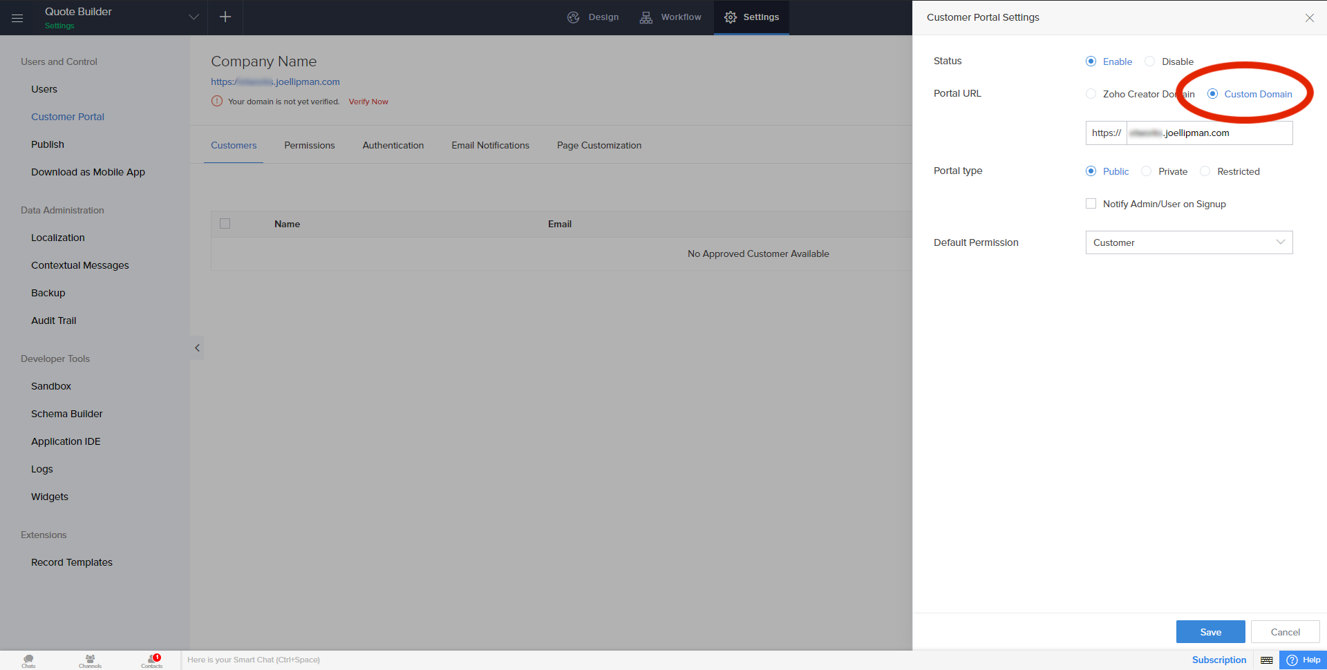 Setup Custom Domain for Customer Portal - Specify Custom Domain