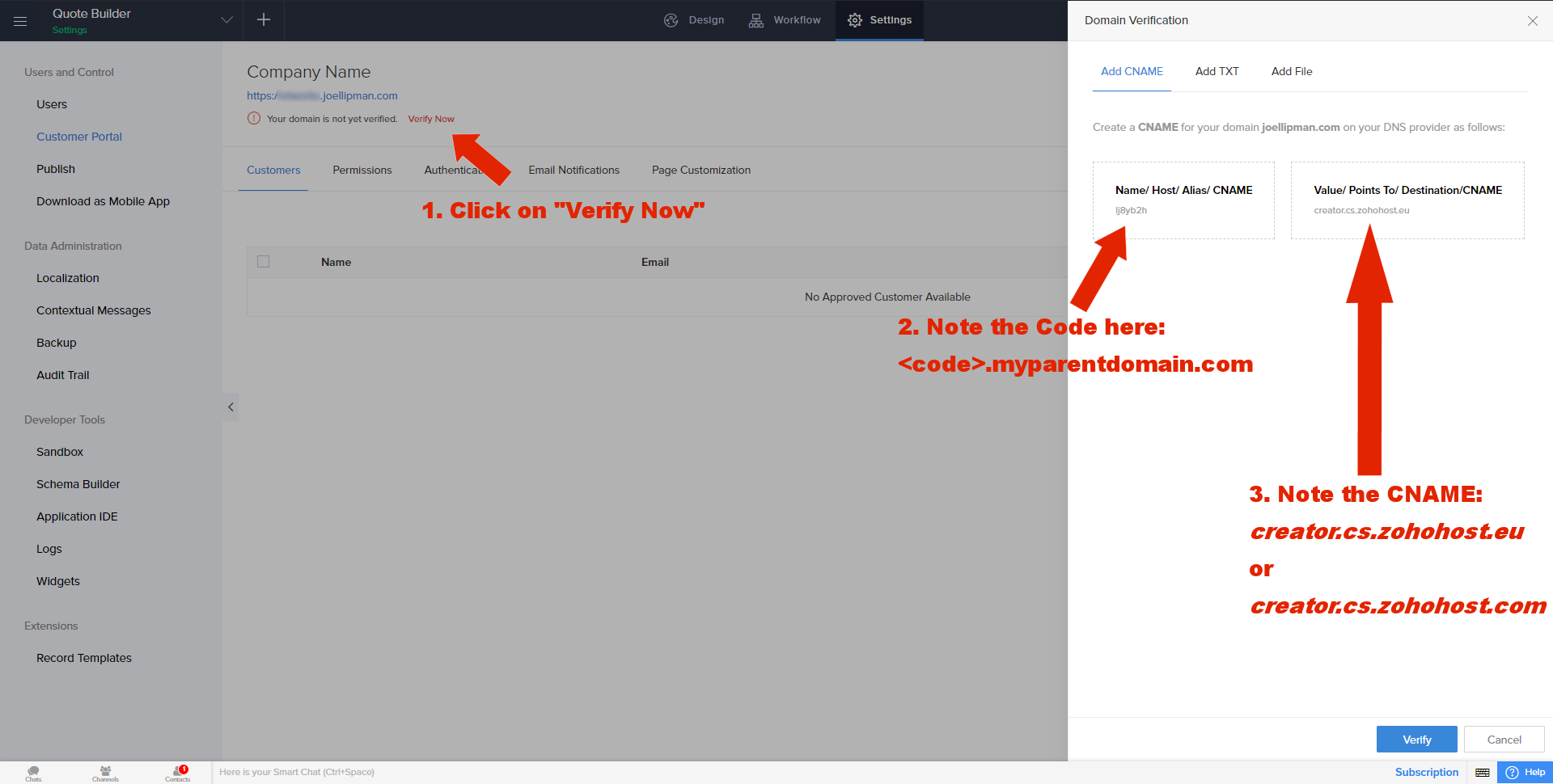 Setup Custom Domain for Customer Portal - Specify Custom Domain