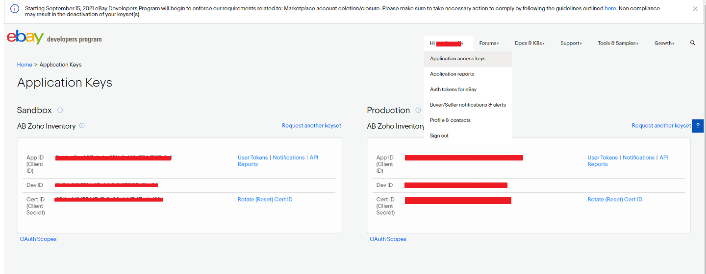 Zoho Creator Push to eBay Listings API: Application Keys